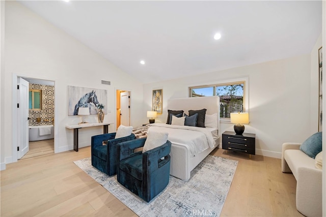 bedroom featuring light wood finished floors, recessed lighting, visible vents, ensuite bathroom, and baseboards