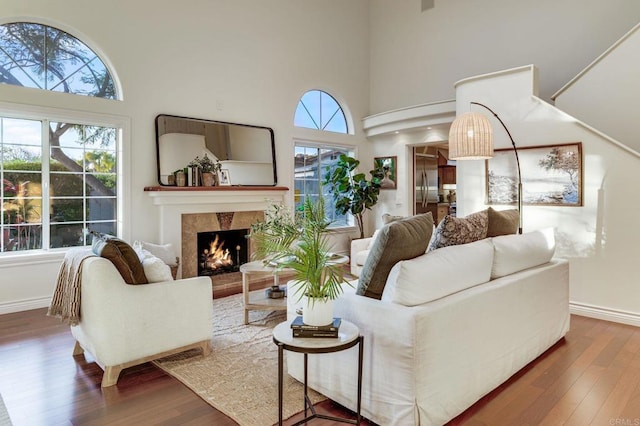 living area featuring a healthy amount of sunlight, a warm lit fireplace, and wood finished floors