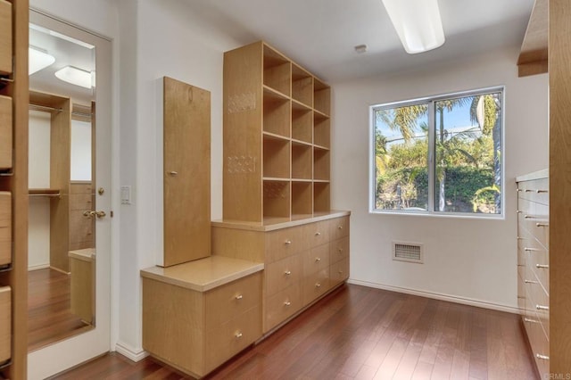 spacious closet with dark wood-style flooring and visible vents