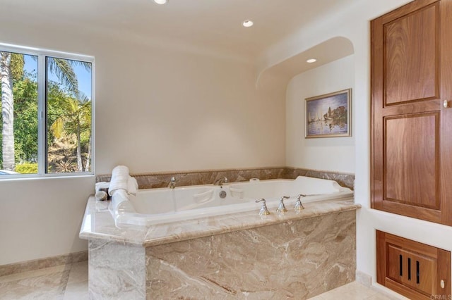 full bath with a garden tub, tile patterned flooring, and recessed lighting