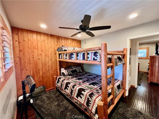 370 Weisshorn Dr, Crestline, CA 92325 - bedroom featuring wooden walls, ceiling fan, recessed lighting, and baseboards