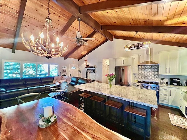 370 Weisshorn Dr, Crestline, CA 92325 - kitchen featuring wall chimney range hood, wood ceiling, a chandelier, open floor plan, and high end appliances