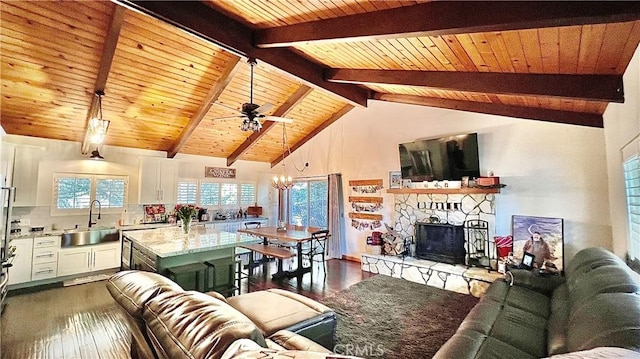 370 Weisshorn Dr, Crestline, CA 92325 - living room featuring dark wood finished floors, a stone fireplace, and wood ceiling