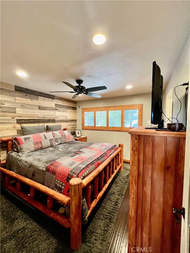 370 Weisshorn Dr, Crestline, CA 92325 - bedroom featuring recessed lighting, wood finished floors, and wooden walls