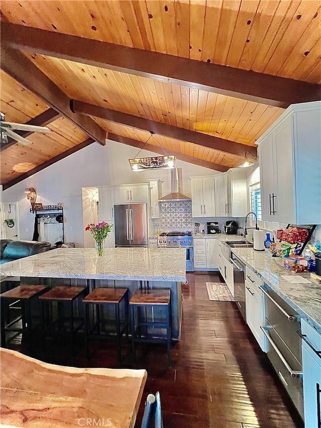 370 Weisshorn Dr, Crestline, CA 92325 - kitchen with wall chimney exhaust hood, a sink, wooden ceiling, and premium appliances