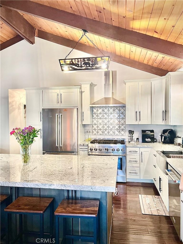 370 Weisshorn Dr, Crestline, CA 92325 - kitchen with wood ceiling, white cabinetry, lofted ceiling with beams, wall chimney exhaust hood, and high quality appliances