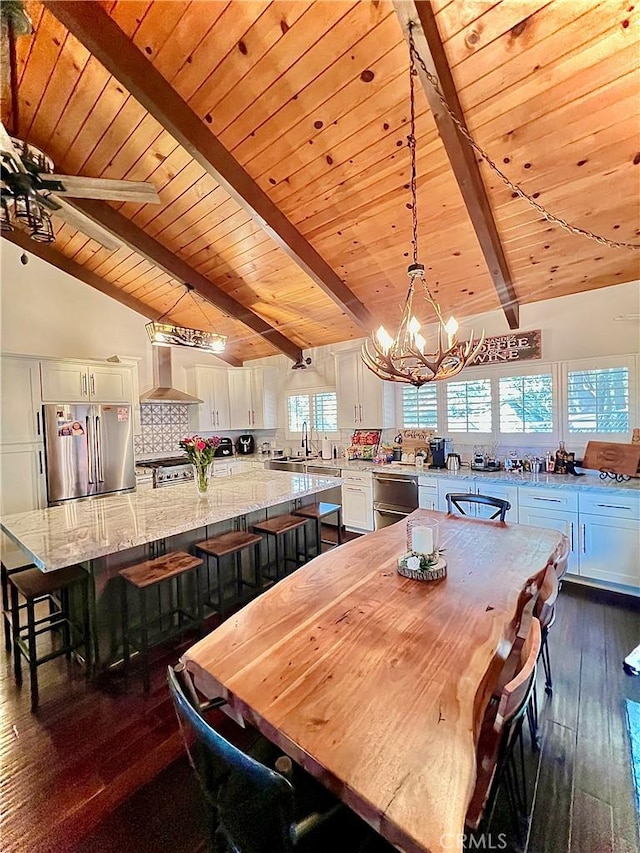 370 Weisshorn Dr, Crestline, CA 92325 - dining area with lofted ceiling with beams, wooden ceiling, dark wood-style flooring, and a chandelier