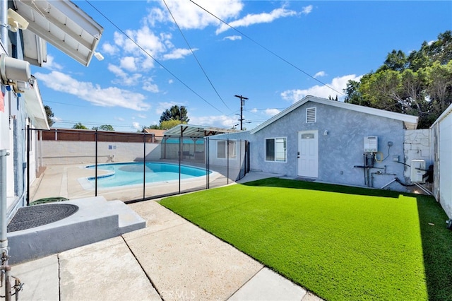 exterior space with a fenced backyard, a fenced in pool, a lawn, and a patio