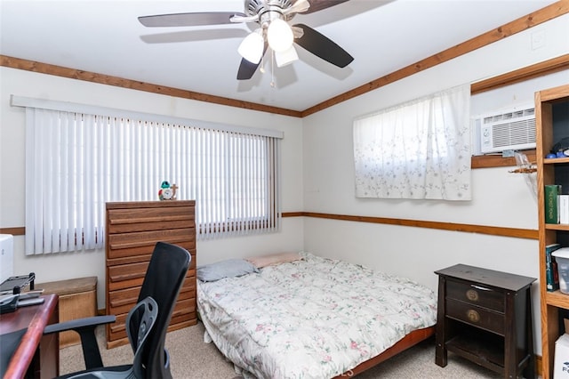 bedroom featuring a ceiling fan and light colored carpet