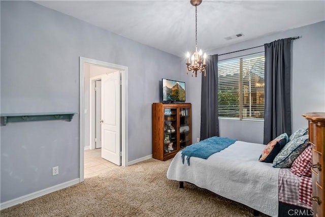 bedroom with baseboards, visible vents, a notable chandelier, and light colored carpet