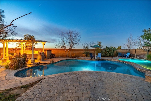 view of pool featuring a patio, a fenced backyard, a fenced in pool, and a pergola