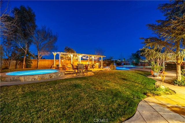 yard at twilight with a pergola, a patio area, a fenced backyard, and an outdoor pool