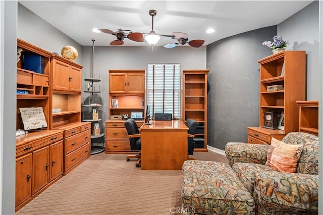 home office featuring recessed lighting, ceiling fan, and light colored carpet