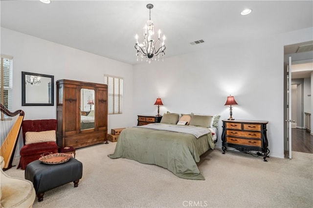 bedroom featuring recessed lighting, light carpet, and visible vents