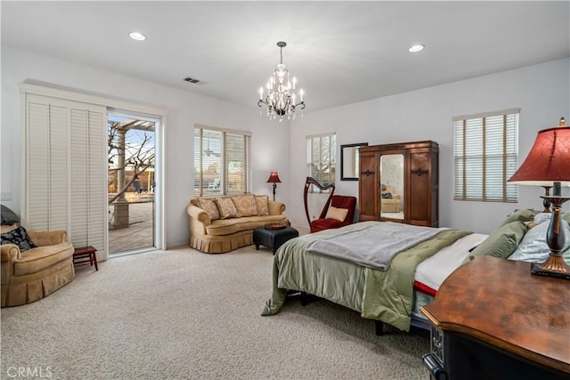 bedroom featuring a chandelier, access to outside, carpet floors, and recessed lighting