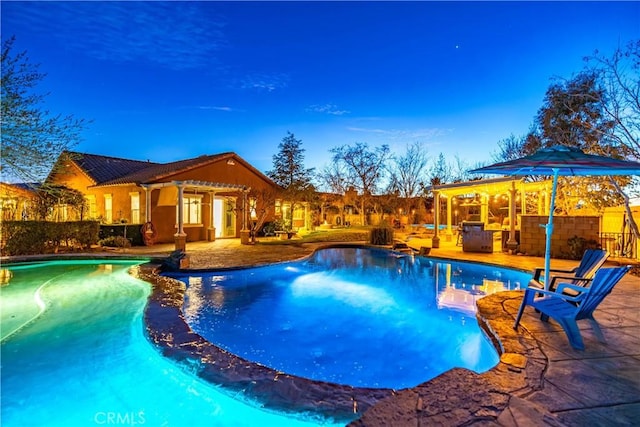 view of swimming pool featuring a fenced in pool, a patio, and exterior kitchen