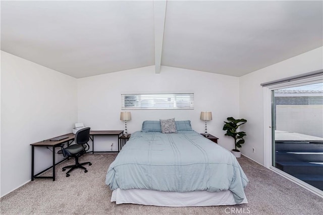 bedroom featuring light carpet, lofted ceiling with beams, and multiple windows