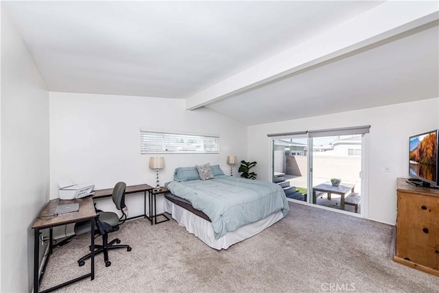 bedroom with lofted ceiling with beams, access to outside, and light colored carpet