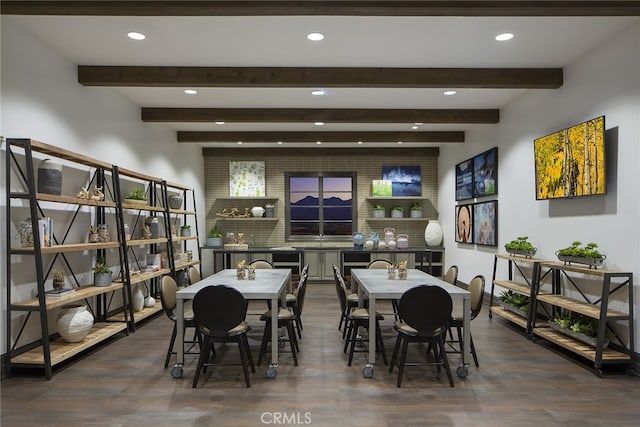 dining space with dark wood-style floors, recessed lighting, and beam ceiling