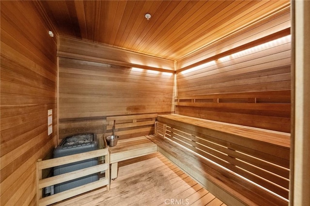 view of sauna featuring wood finished floors