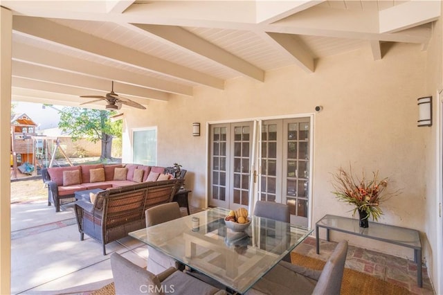 view of patio / terrace featuring outdoor dining area, ceiling fan, an outdoor hangout area, and french doors