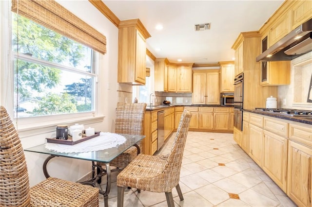 kitchen featuring under cabinet range hood, visible vents, appliances with stainless steel finishes, light brown cabinetry, and tasteful backsplash