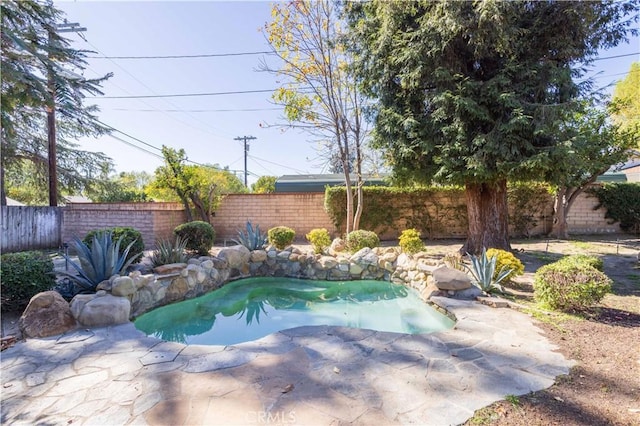 view of swimming pool with a fenced in pool, a fenced backyard, and a patio