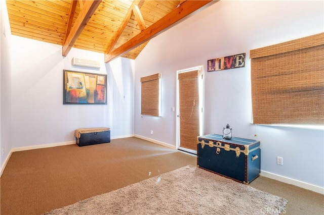 interior space featuring vaulted ceiling with beams, wood ceiling, baseboards, and a wall mounted AC