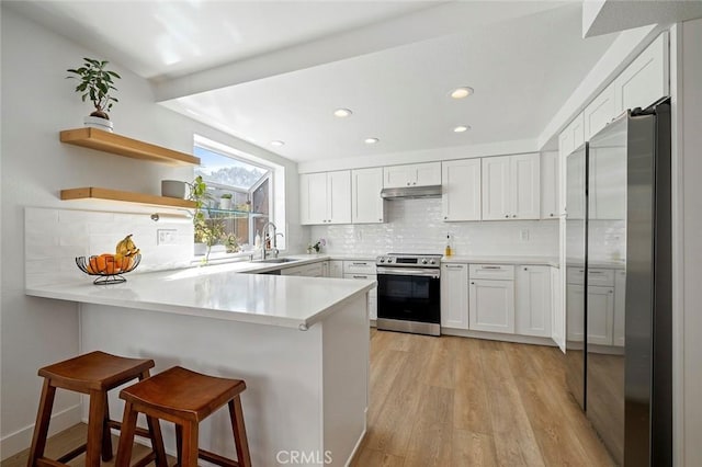 kitchen with under cabinet range hood, a peninsula, a sink, light wood-style floors, and appliances with stainless steel finishes