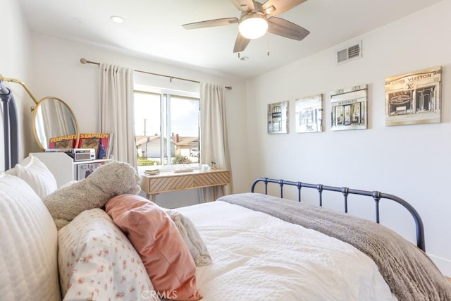 bedroom featuring recessed lighting, visible vents, and a ceiling fan