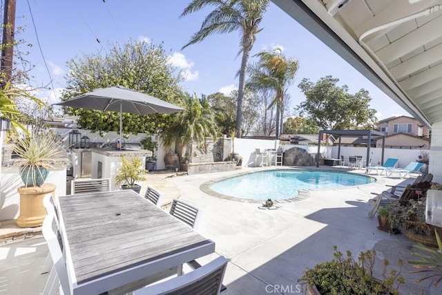 view of pool featuring a fenced in pool, outdoor dining area, a fenced backyard, and a patio