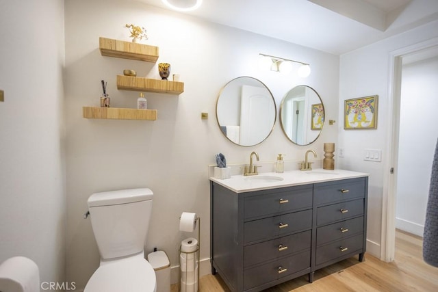 bathroom featuring double vanity, wood finished floors, a sink, and toilet