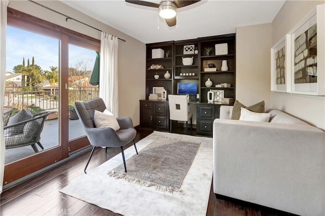 office featuring a ceiling fan and wood finished floors