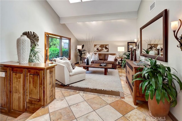 living room featuring high vaulted ceiling, beamed ceiling, and visible vents