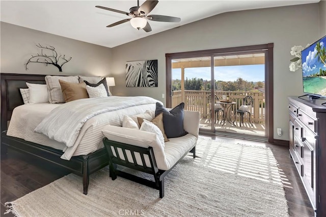 bedroom with dark wood-style floors, access to outside, vaulted ceiling, and baseboards