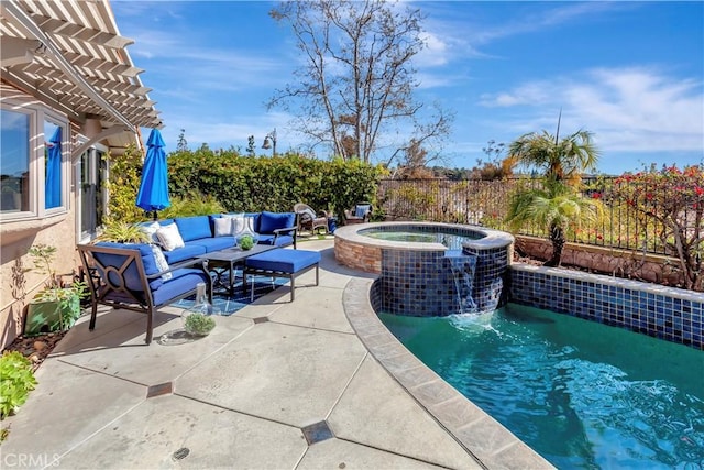 view of pool with an outdoor hangout area, an in ground hot tub, fence, a pergola, and a patio area