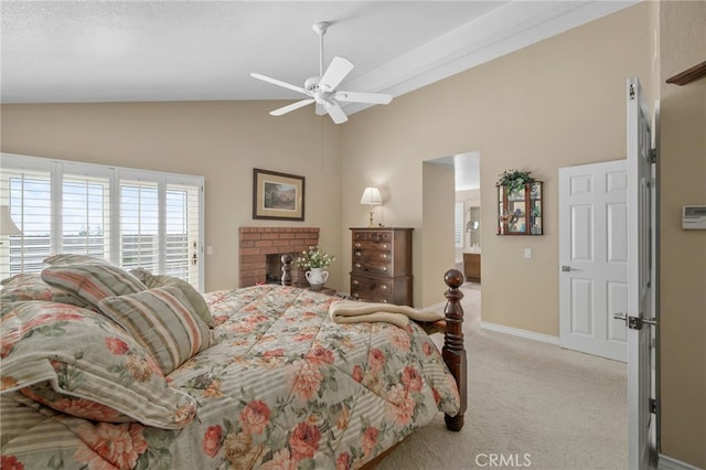 bedroom featuring ceiling fan, lofted ceiling, light carpet, a fireplace, and baseboards