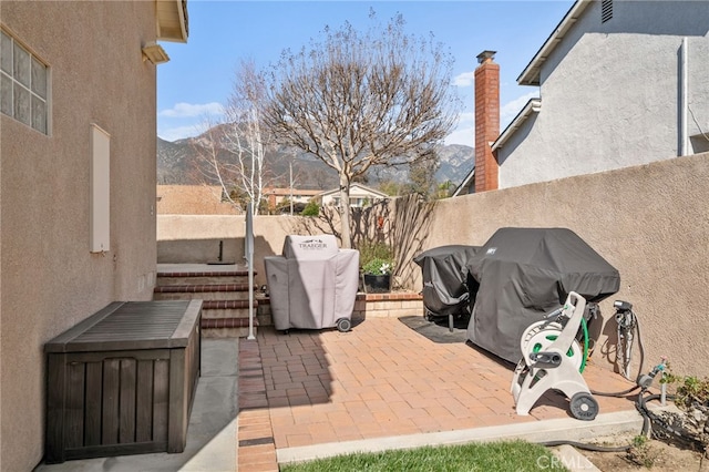 view of patio / terrace featuring a fenced backyard, a mountain view, and grilling area