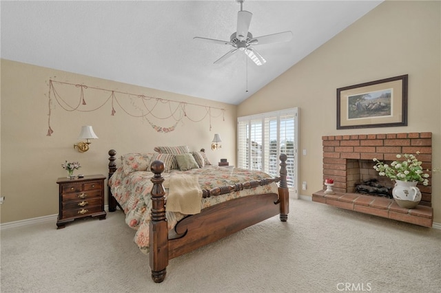 bedroom with access to exterior, light carpet, a fireplace, and baseboards