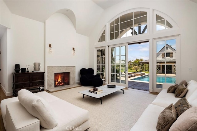 living room featuring a towering ceiling and a premium fireplace