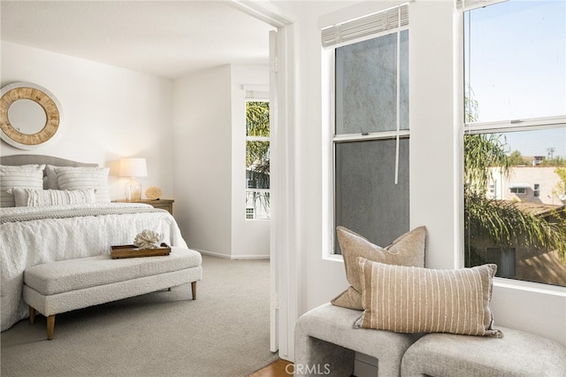 bedroom featuring light carpet