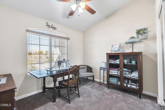 17717 Bangor Ave, Hesperia, CA 92345 - carpeted home office featuring ceiling fan, baseboards, and lofted ceiling
