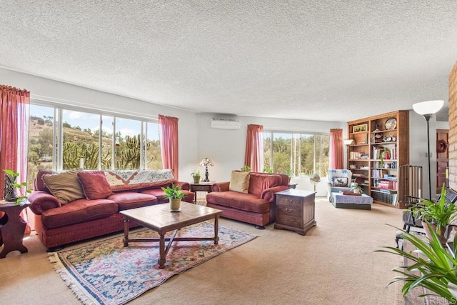 living room featuring carpet floors, a textured ceiling, and a wall mounted AC