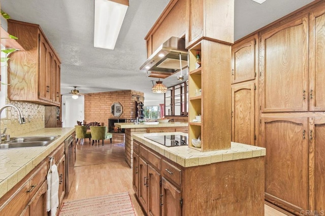 kitchen featuring black electric stovetop, a fireplace, a sink, exhaust hood, and stainless steel dishwasher