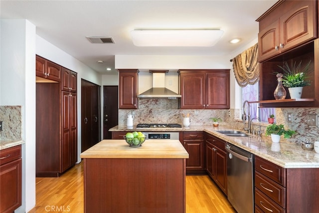 929 Pinecone Dr, Corona, CA 92878 - kitchen with open shelves, butcher block countertops, a sink, appliances with stainless steel finishes, and wall chimney exhaust hood