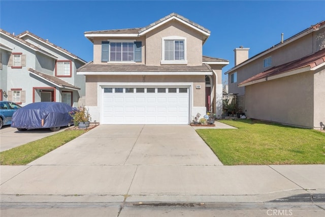 traditional home with stucco siding, a front yard, driveway, and a tile roof