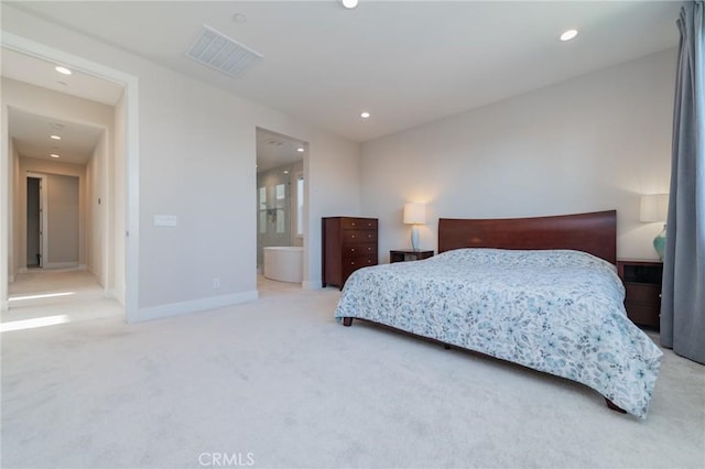 bedroom with carpet, visible vents, baseboards, and recessed lighting