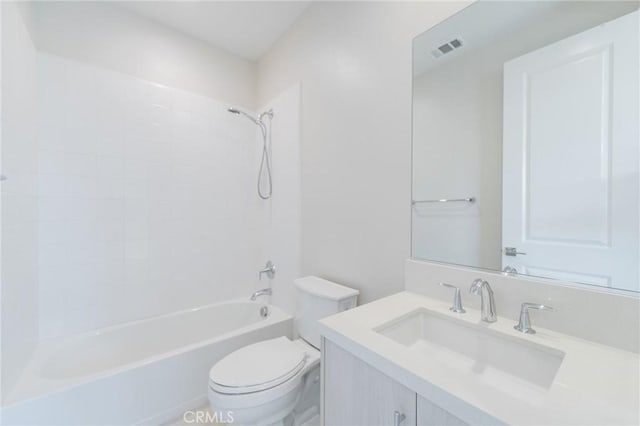 full bath with shower / washtub combination, visible vents, vanity, and toilet