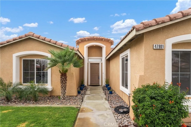 view of exterior entry with stucco siding