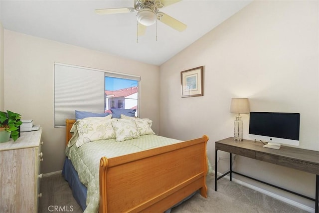 bedroom featuring lofted ceiling, carpet flooring, a ceiling fan, and baseboards